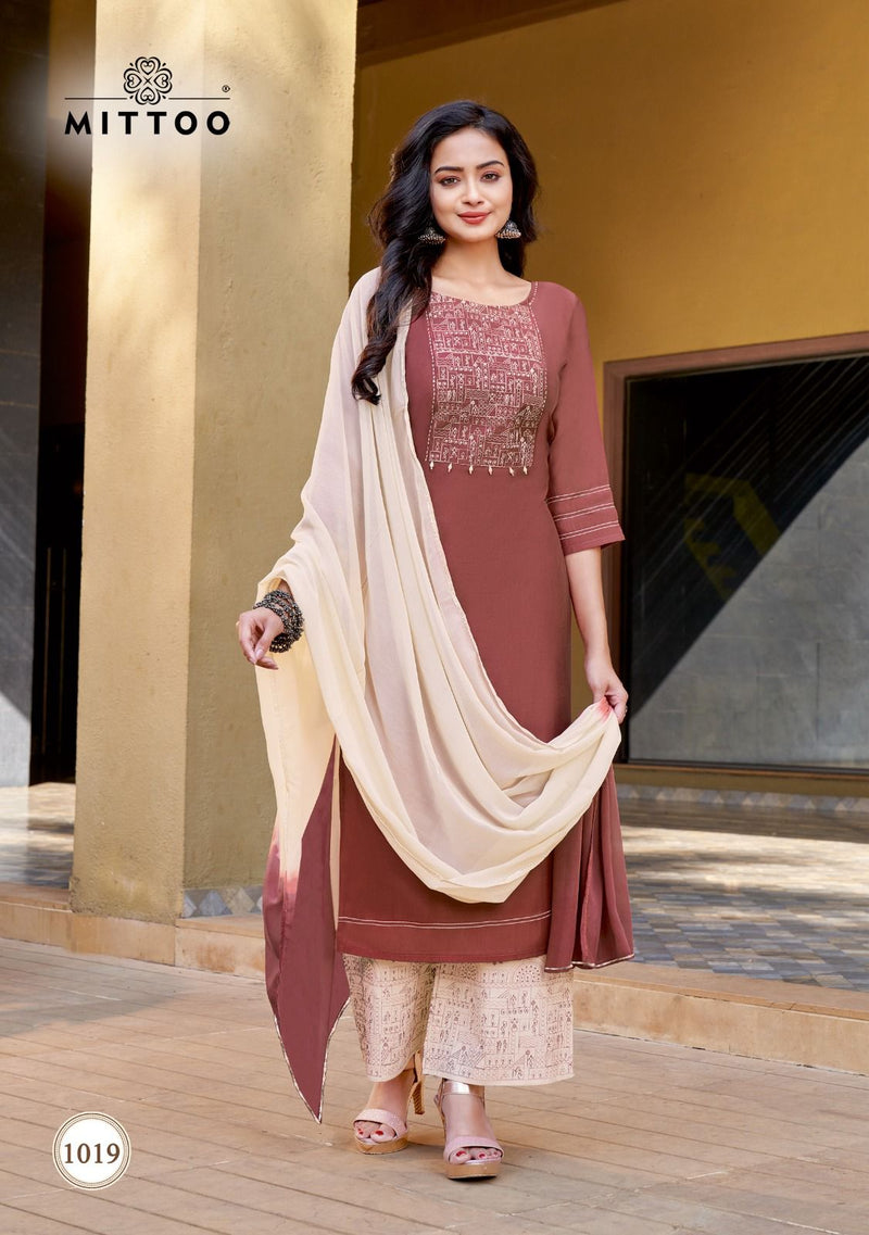 Mittoo Saara Vol 2 Rayon Fancy Neck Work Kurti With Plazzo & Dupatta