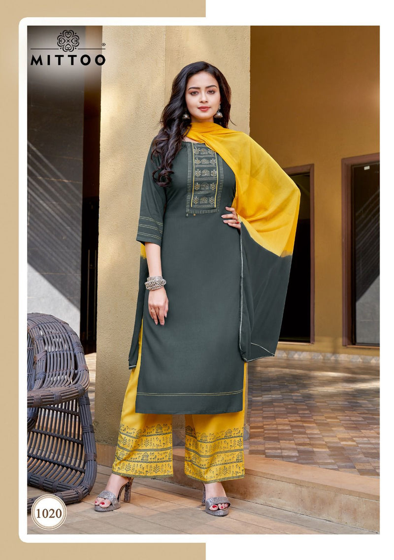 Mittoo Saara Vol 2 Rayon Fancy Neck Work Kurti With Plazzo & Dupatta