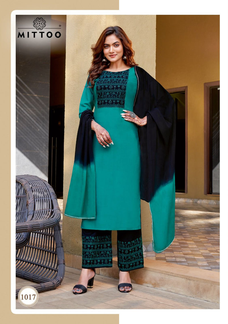Mittoo Saara Vol 2 Rayon Fancy Neck Work Kurti With Plazzo & Dupatta
