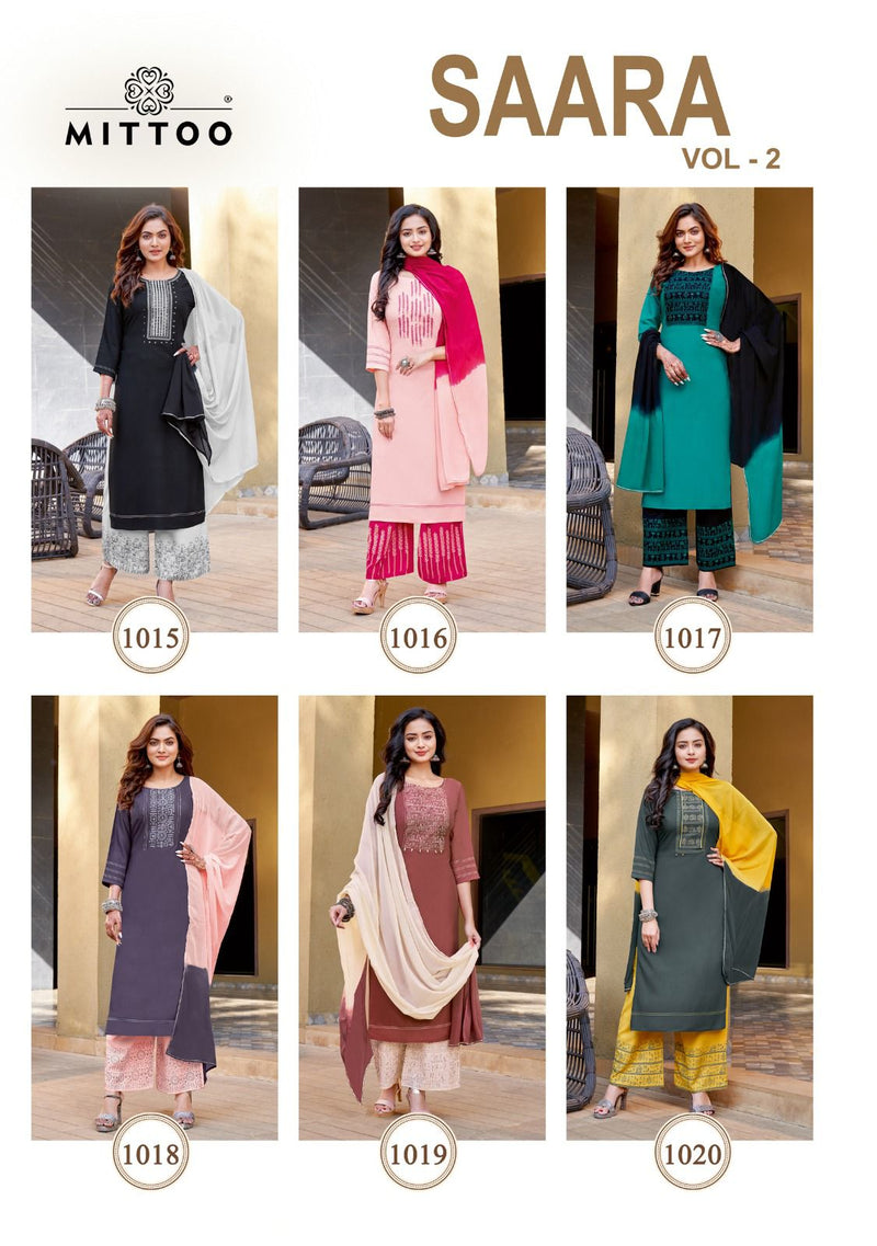 Mittoo Saara Vol 2 Rayon Fancy Neck Work Kurti With Plazzo & Dupatta