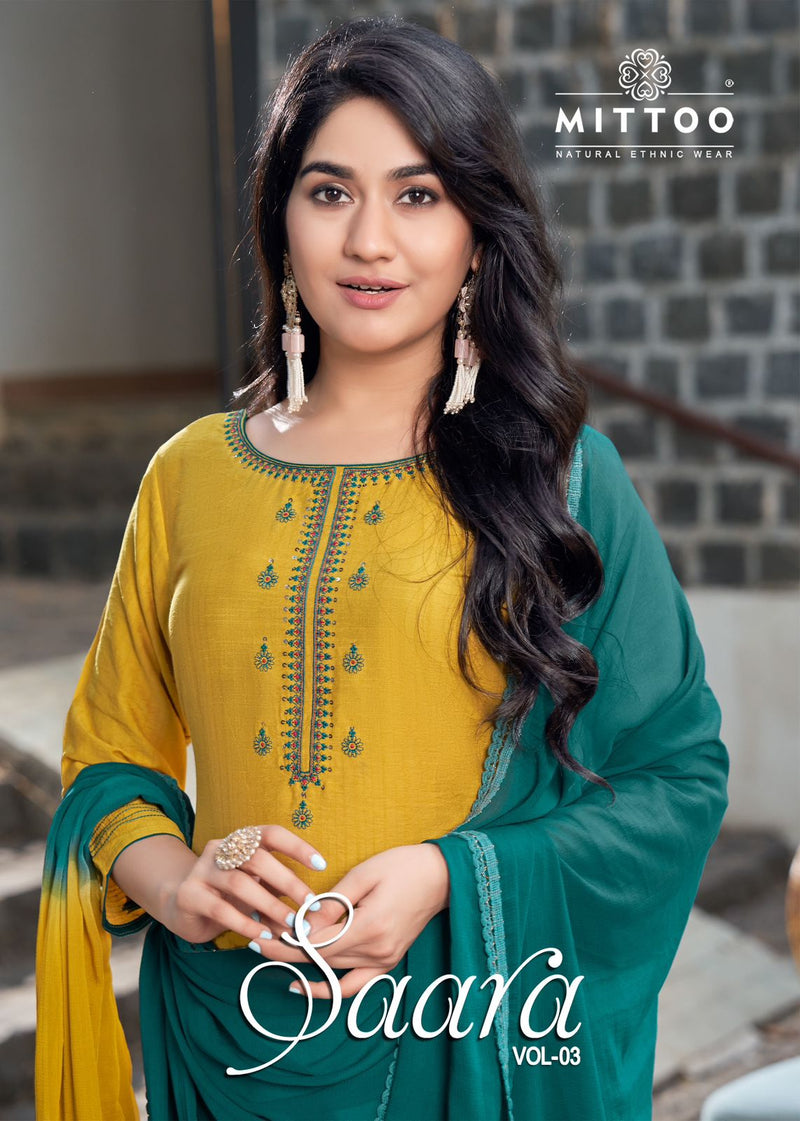 Mittoo Saara Vol 3 Rayon Embroidery Designer Kurti With Plazzo Collection