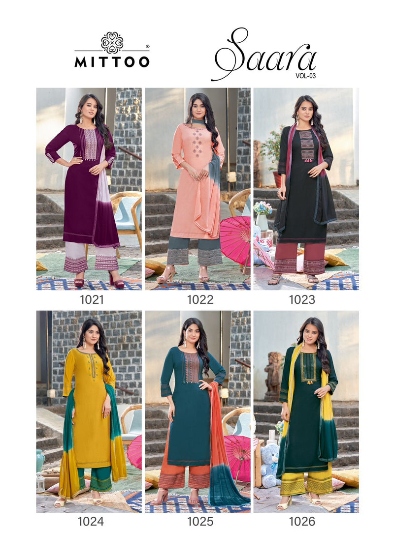 Mittoo Saara Vol 3 Rayon Embroidery Designer Kurti With Plazzo Collection