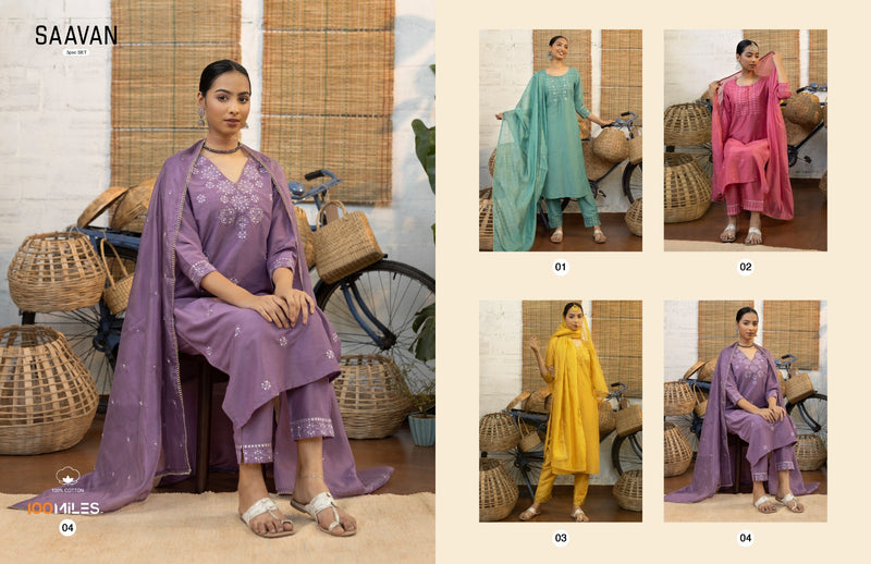 100 Miles Saavan Fancy Blend Fabric Pakistani Embroidery Style Kurti Pant & Dupatta Combo