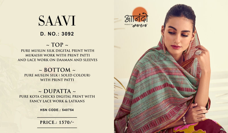 Jay Vijay Saavi 3092 Muslin Silk Digital Print With Fancy Lace Work Designer Suits