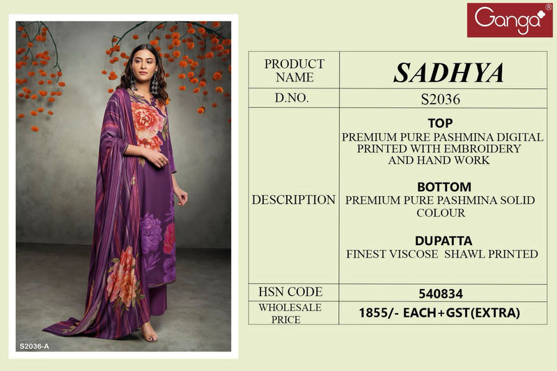 Ganga Sadhya 2036 Pashmina Digital Printed Embroidery Winter Wear Suit Collection