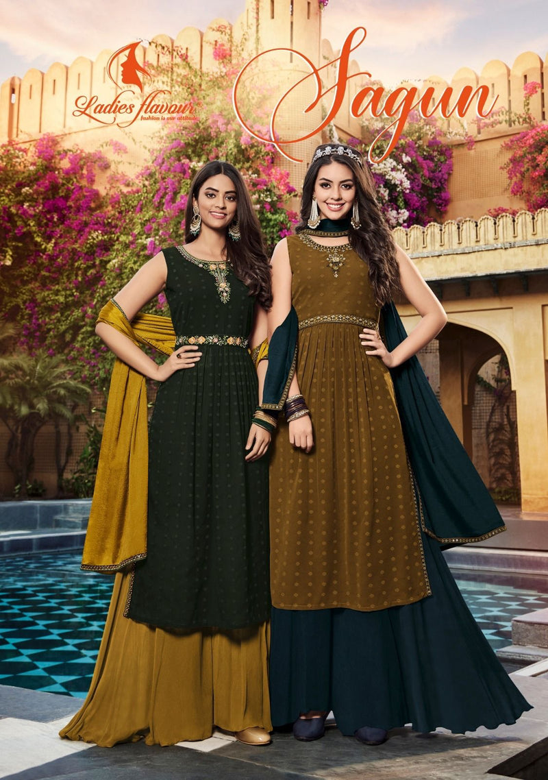 Ladies Flavour Sagun Georgette Khatliwork Heavy Sharara Suits