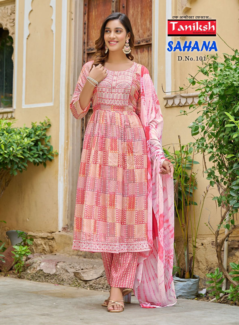 Taniksh Sahana Vol 1 Rayon Print With Sequence Work Naira Cut Style Kurti