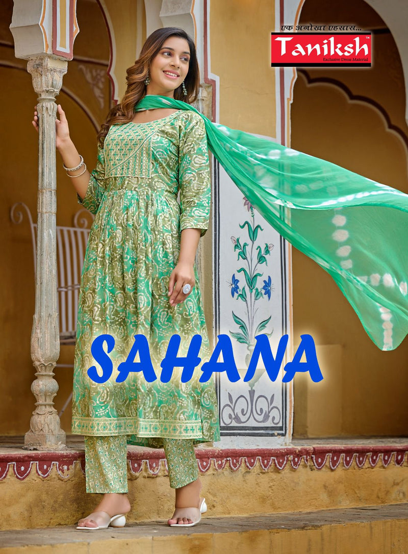 Taniksh Sahana Vol 1 Rayon Print With Sequence Work Naira Cut Style Kurti