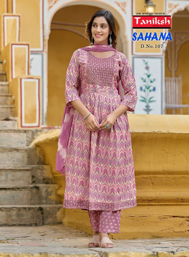 Taniksh Sahana Vol 1 Rayon Print With Sequence Work Naira Cut Style Kurti