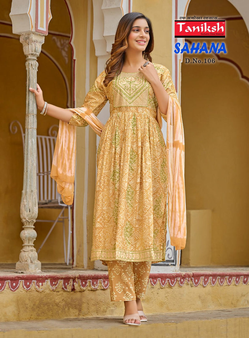 Taniksh Sahana Vol 1 Rayon Print With Sequence Work Naira Cut Style Kurti