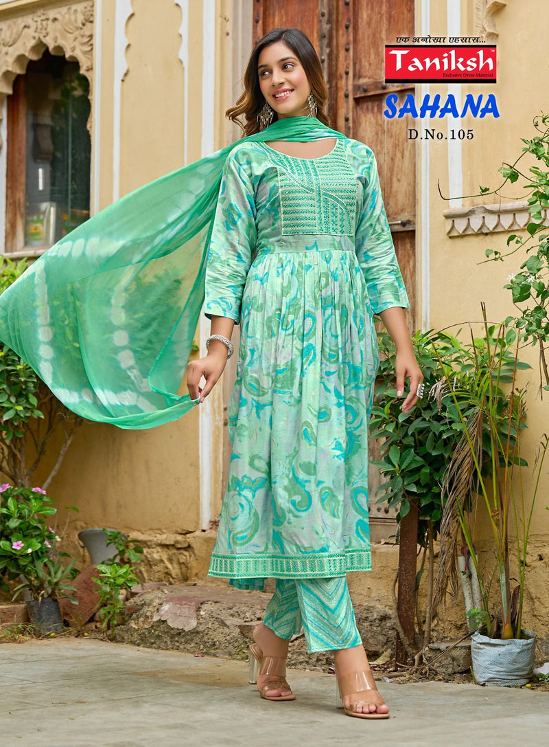 Taniksh Sahana Vol 1 Rayon Print With Sequence Work Naira Cut Style Kurti