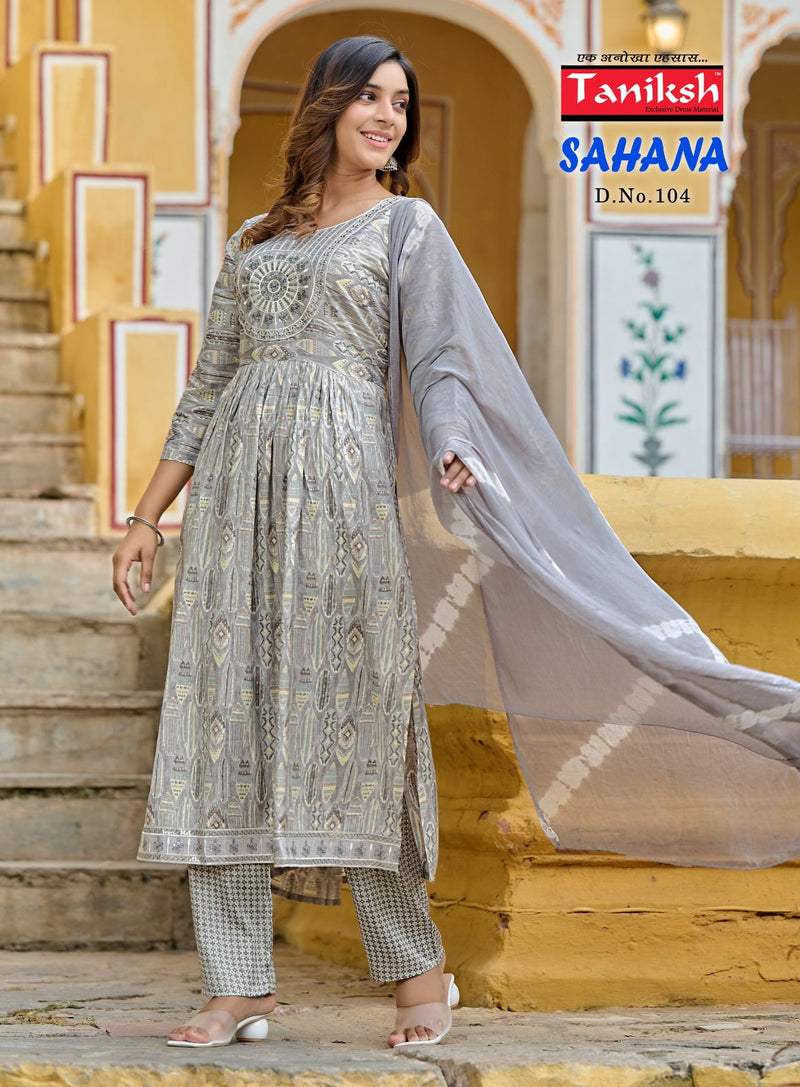Taniksh Sahana Vol 1 Rayon Print With Sequence Work Naira Cut Style Kurti