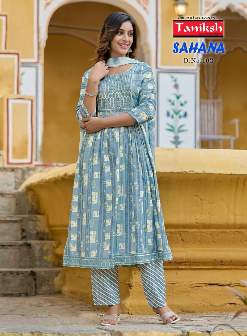 Taniksh Sahana Vol 1 Rayon Print With Sequence Work Naira Cut Style Kurti