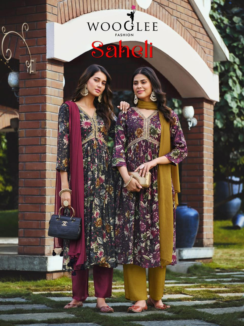 Wooglee Saheli Modal Print Fabric With Fancy Embroidery Works Alia Cut Pattern Kurti Combo Set
