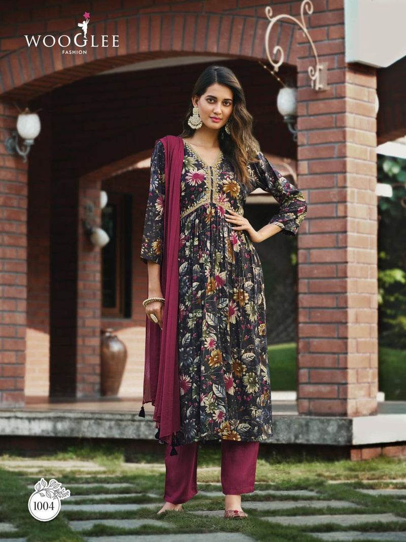 Wooglee Saheli Modal Print Fabric With Fancy Embroidery Works Alia Cut Pattern Kurti Combo Set