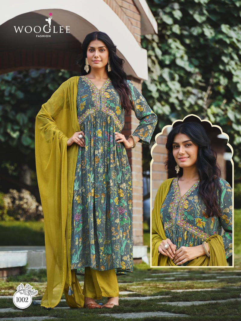 Wooglee Saheli Modal Print Fabric With Fancy Embroidery Works Alia Cut Pattern Kurti Combo Set