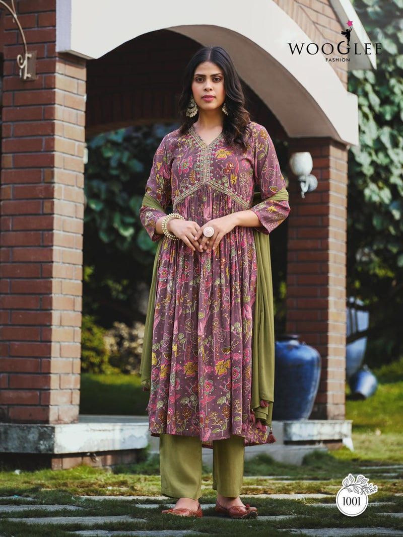 Wooglee Saheli Modal Print Fabric With Fancy Embroidery Works Alia Cut Pattern Kurti Combo Set
