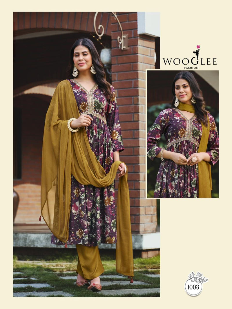 Wooglee Saheli Modal Print Fabric With Fancy Embroidery Works Alia Cut Pattern Kurti Combo Set