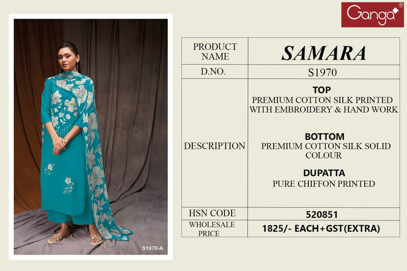 Ganga Samara1970 Cotton Silk Printed With Embroidery Designer Suits