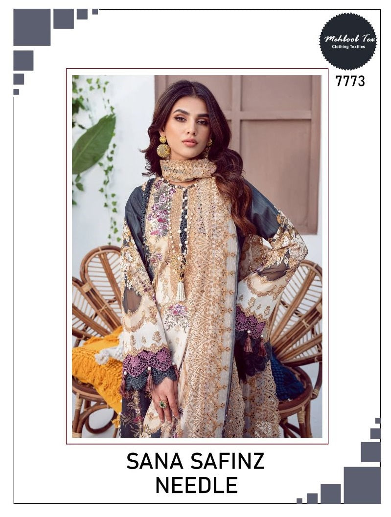Mehboob Tex Sana Safinz Neddel Lawn Cotton Printed With Embroidery Salwar Kameez