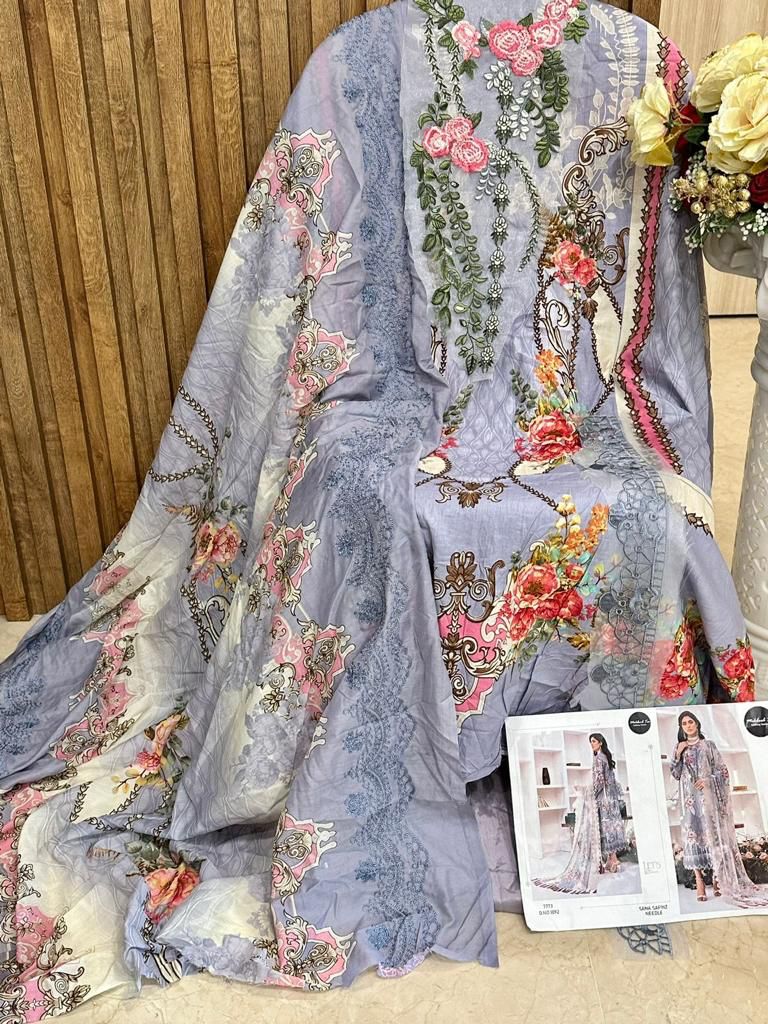 Mehboob Tex Sana Safinz Neddel Lawn Cotton Printed With Embroidery Salwar Kameez