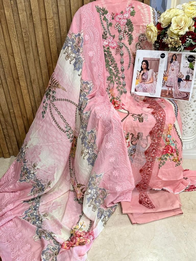 Mehboob Tex Sana Safinz Neddel Lawn Cotton Printed With Embroidery Salwar Kameez