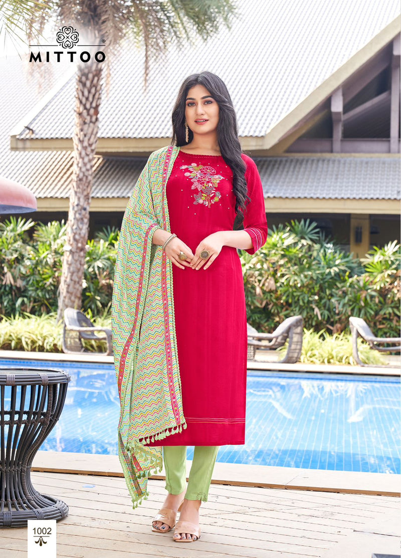Mittoo Sania Cotton Rayon Weaving Embroidery Work Fancy Kurti