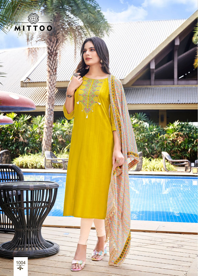 Mittoo Sania Cotton Rayon Weaving Embroidery Work Fancy Kurti