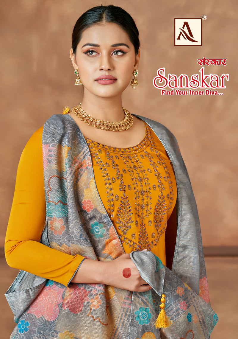 Alok Suits Sanskar Jam Cotton Fancy Embroidery Swarovski Diamond Work Partywear Salwar Kameez