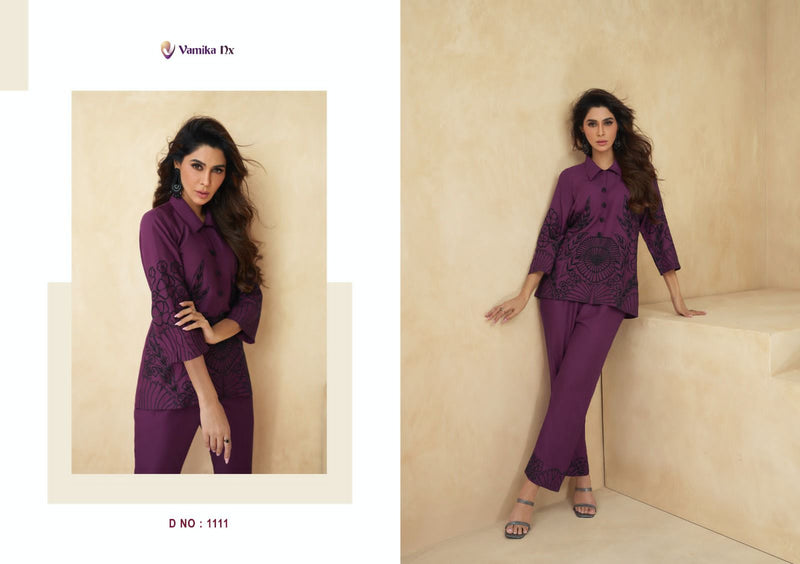 Vamika Nx Sarra Rayon Thered Work Designer Fancy Cord Set Top With Pant Collection