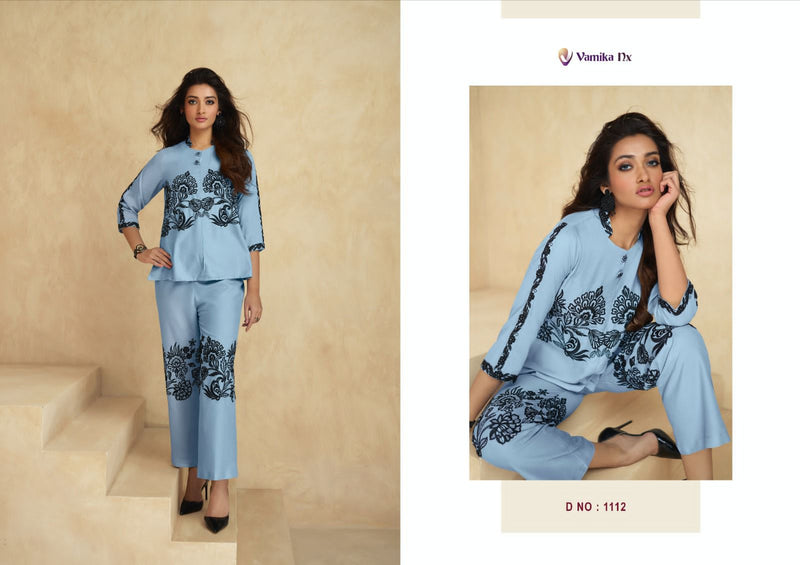 Vamika Nx Sarra Rayon Thered Work Designer Fancy Cord Set Top With Pant Collection