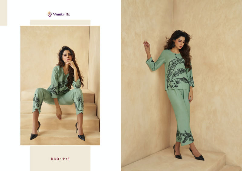 Vamika Nx Sarra Rayon Thered Work Designer Fancy Cord Set Top With Pant Collection