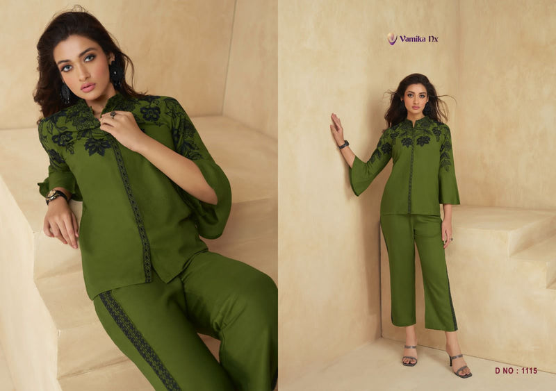 Vamika Nx Sarra Rayon Thered Work Designer Fancy Cord Set Top With Pant Collection