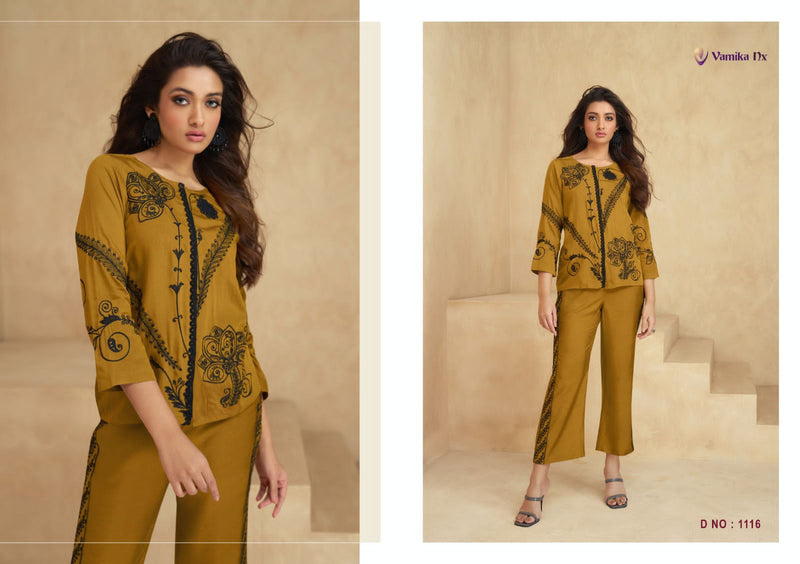 Vamika Nx Sarra Rayon Thered Work Designer Fancy Cord Set Top With Pant Collection