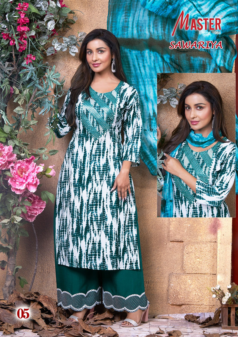 Master Sawariya Rayon Shiburi Prints Kurti With Plazzo & Dupatta Set