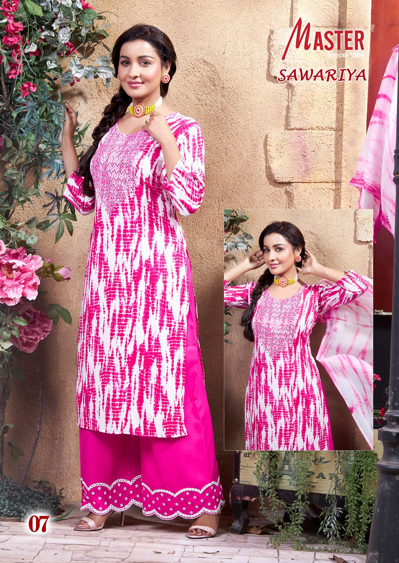 Master Sawariya Rayon Shiburi Prints Kurti With Plazzo & Dupatta Set
