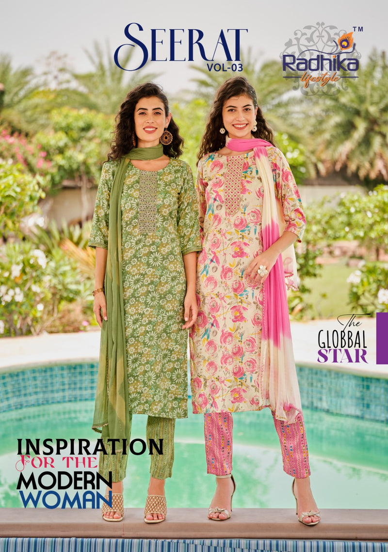 Radhika Life Style Seerat Vol 3 Rayon Foil Print With Embroidery Work Kurti Combo Set