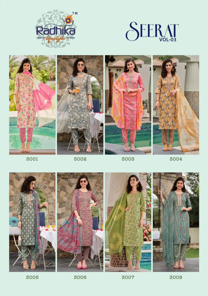 Radhika Life Style Seerat Vol 3 Rayon Foil Print With Embroidery Work Kurti Combo Set