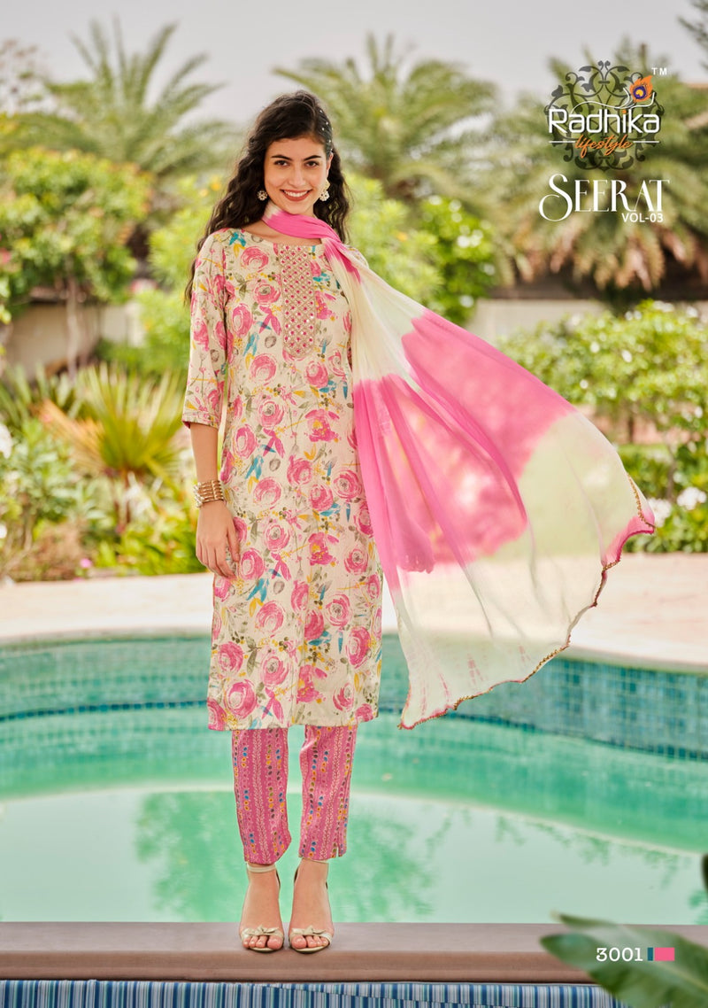 Radhika Life Style Seerat Vol 3 Rayon Foil Print With Embroidery Work Kurti Combo Set
