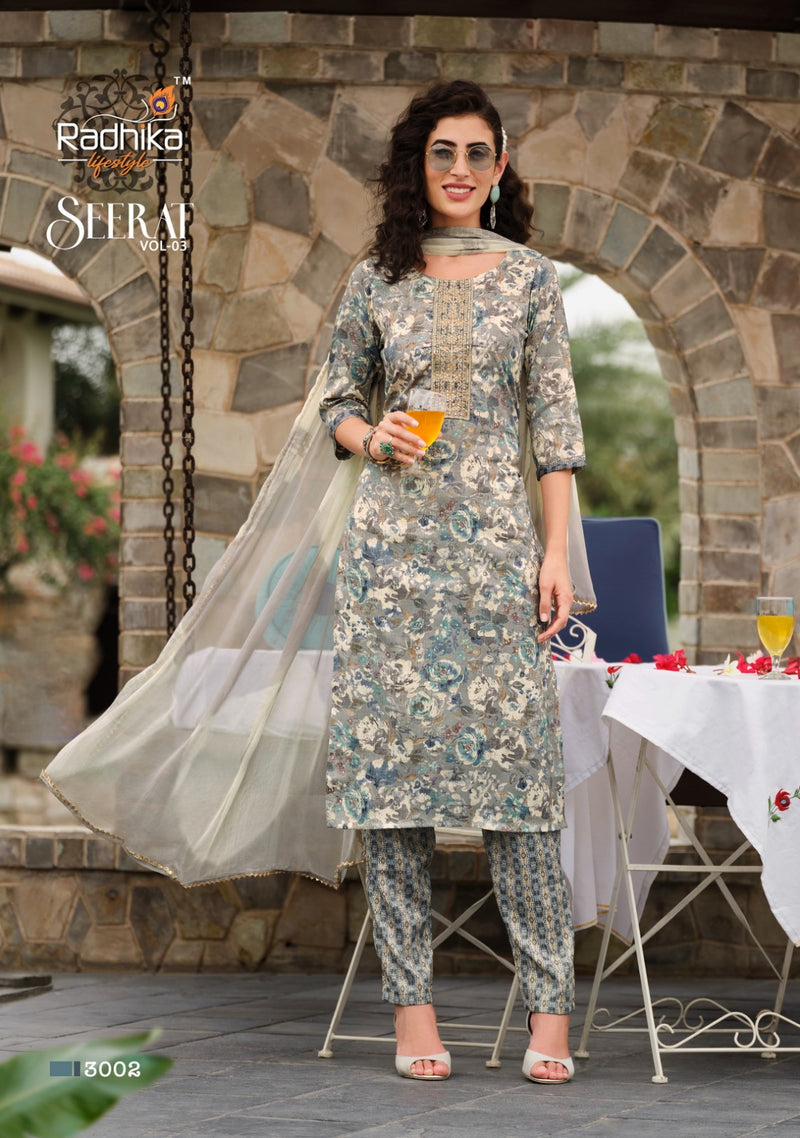 Radhika Life Style Seerat Vol 3 Rayon Foil Print With Embroidery Work Kurti Combo Set