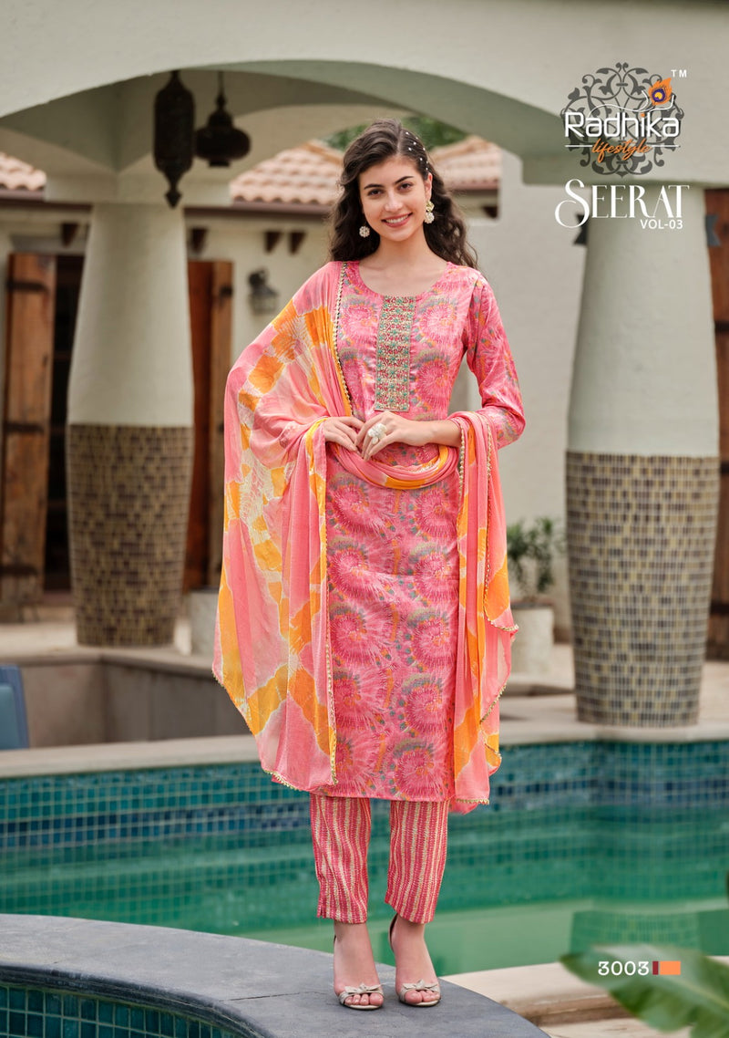 Radhika Life Style Seerat Vol 3 Rayon Foil Print With Embroidery Work Kurti Combo Set