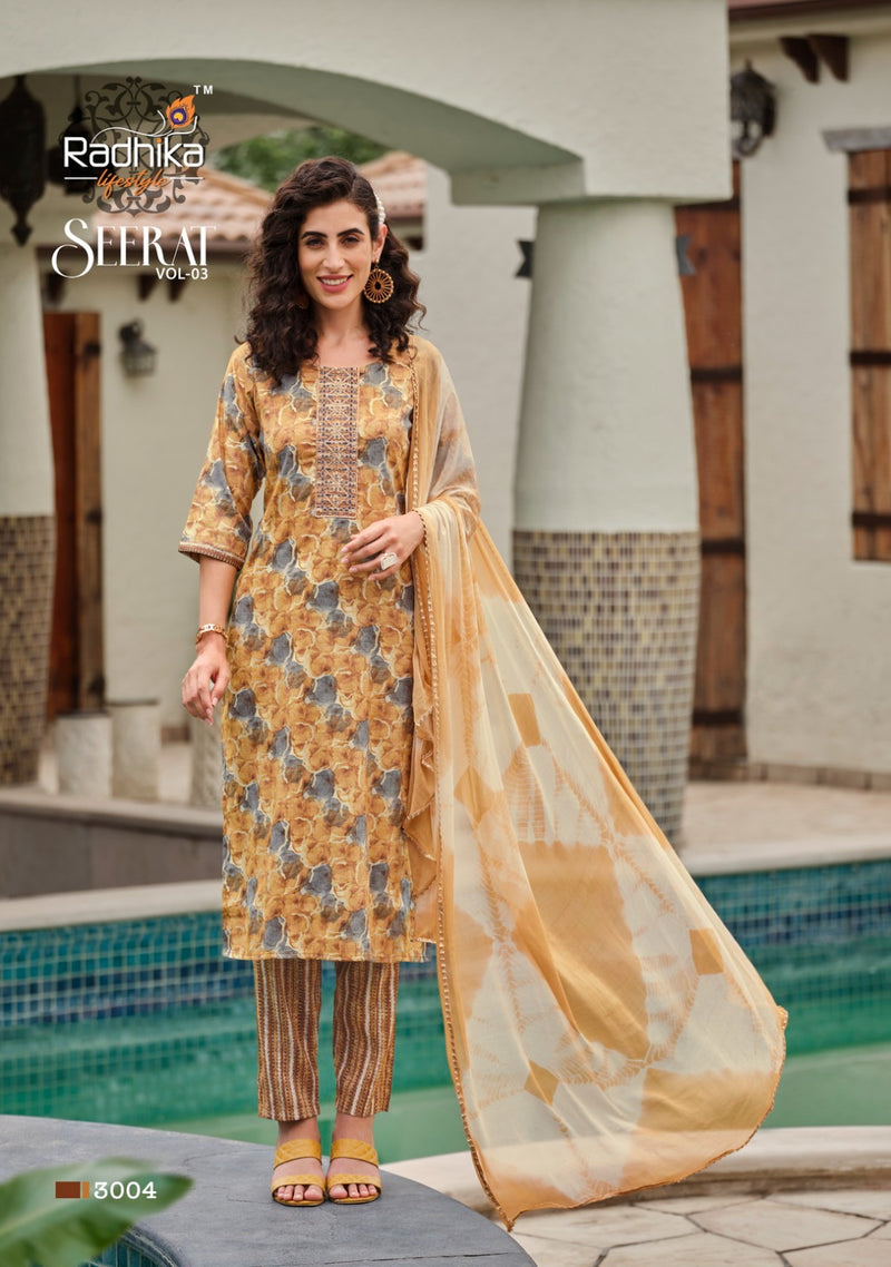 Radhika Life Style Seerat Vol 3 Rayon Foil Print With Embroidery Work Kurti Combo Set