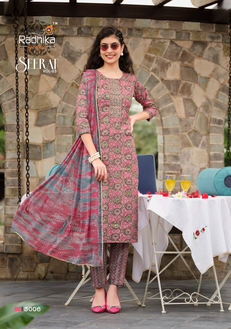 Radhika Life Style Seerat Vol 3 Rayon Foil Print With Embroidery Work Kurti Combo Set