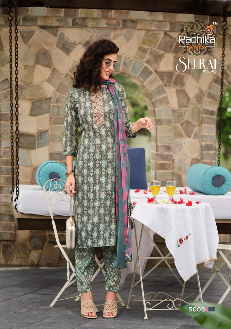 Radhika Life Style Seerat Vol 3 Rayon Foil Print With Embroidery Work Kurti Combo Set