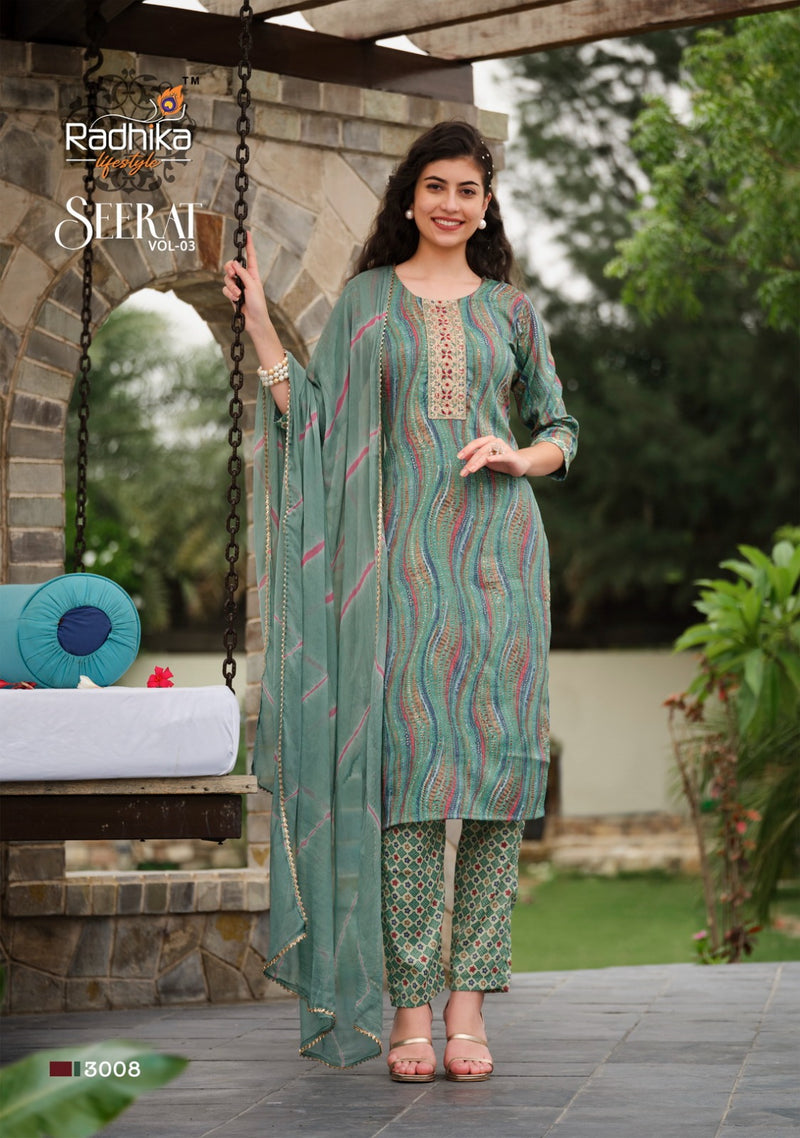 Radhika Life Style Seerat Vol 3 Rayon Foil Print With Embroidery Work Kurti Combo Set