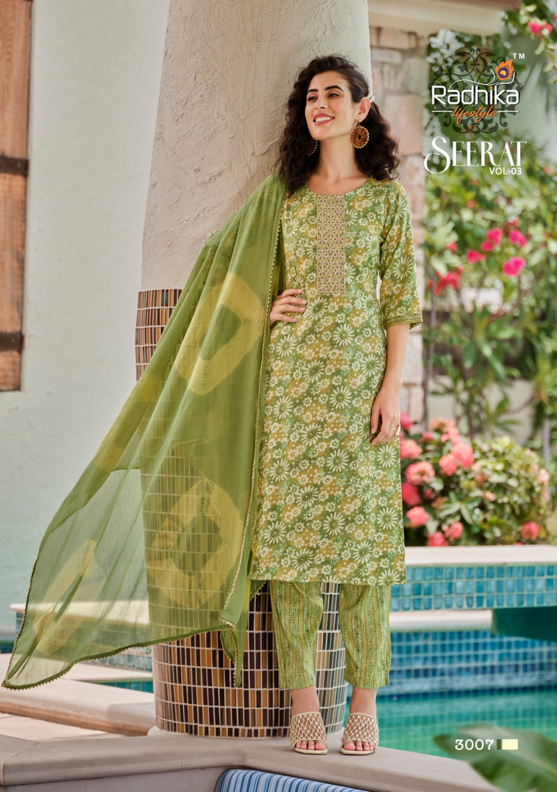 Radhika Life Style Seerat Vol 3 Rayon Foil Print With Embroidery Work Kurti Combo Set