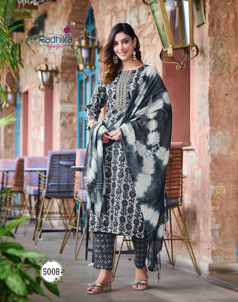 Radhika Lifestyle Seerat Vol 5 Rayon Foil Printed With Fancy Work Kurtis