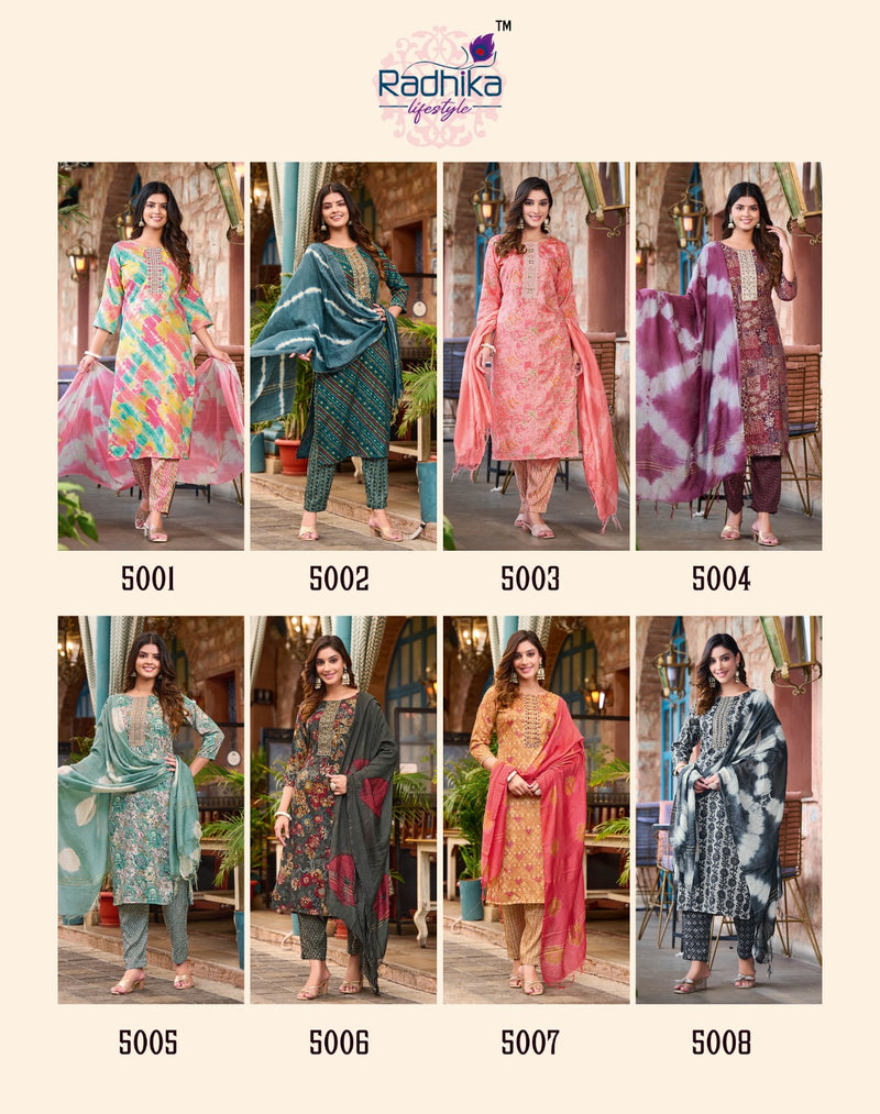 Radhika Lifestyle Seerat Vol 5 Rayon Foil Printed With Fancy Work Kurtis