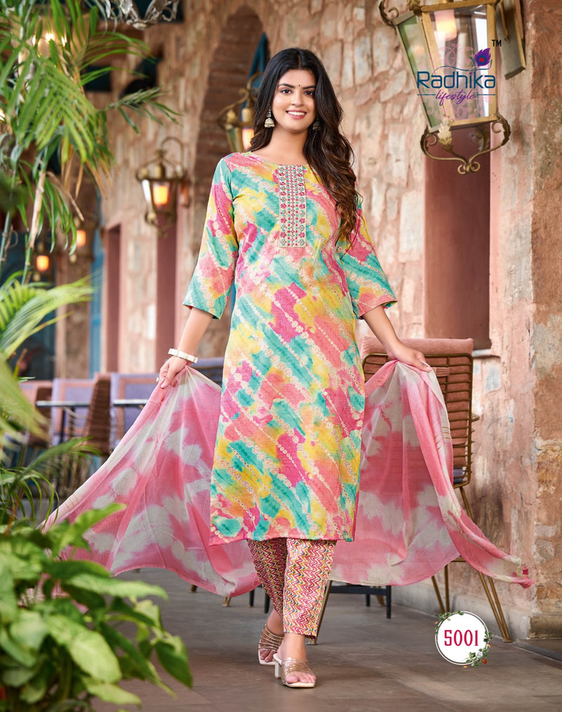 Radhika Lifestyle Seerat Vol 5 Rayon Foil Printed With Fancy Work Kurtis