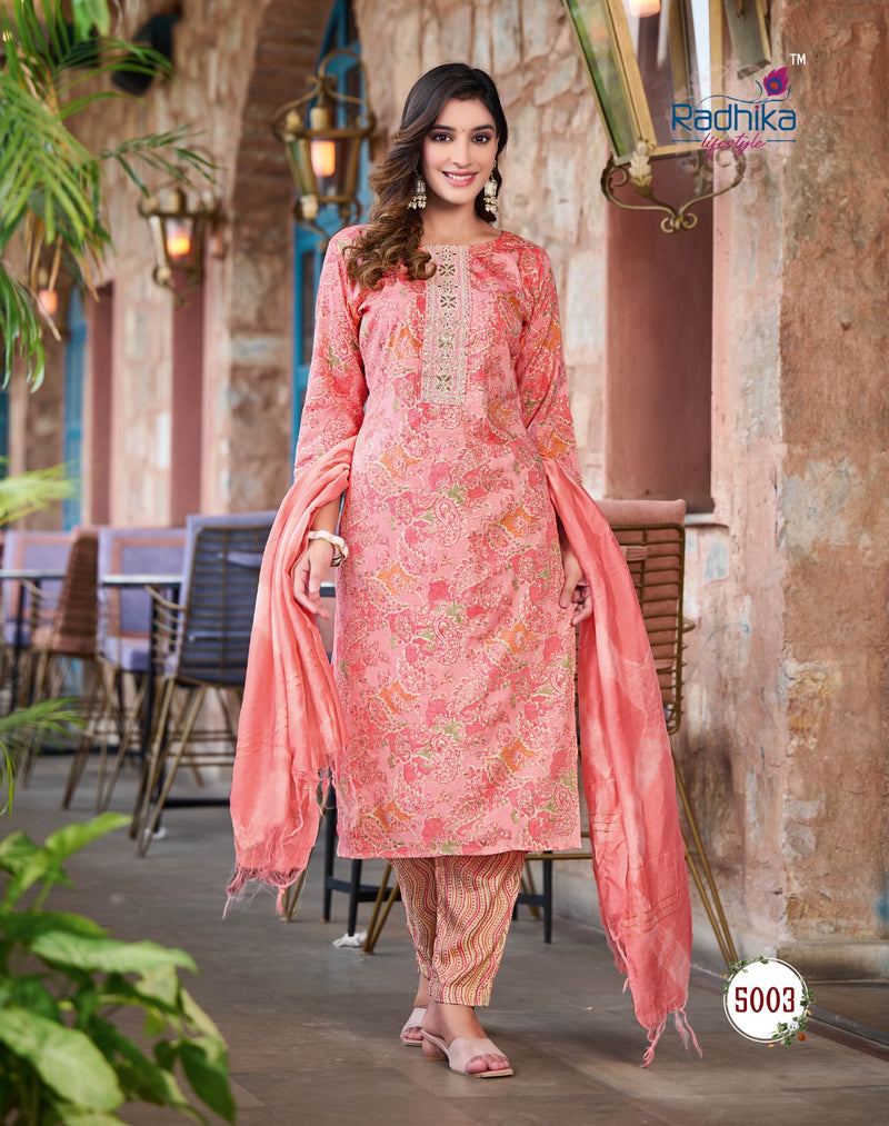 Radhika Lifestyle Seerat Vol 5 Rayon Foil Printed With Fancy Work Kurtis